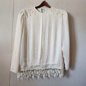 Vintage Liz Roberts Pleated Peasant Blouse Lace Trim Sheer Cream Size 10